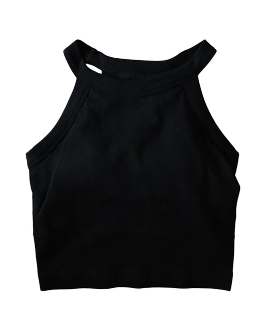 Elva Ribbed Tank in Black – sleek high-neck tank with built-in bra, ultra-stretch fit, and breathable fabric. Perfect for workouts and everyday wear.
