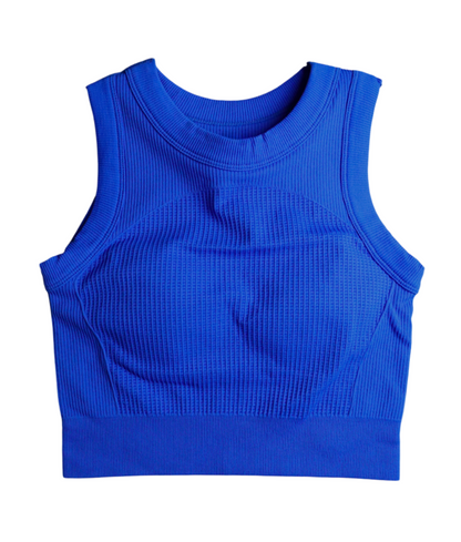 Jolly Ribbed Tank in Blue – ribbed sleeveless top with a built-in bra pad, made from soft, breathable stretch fabric.
