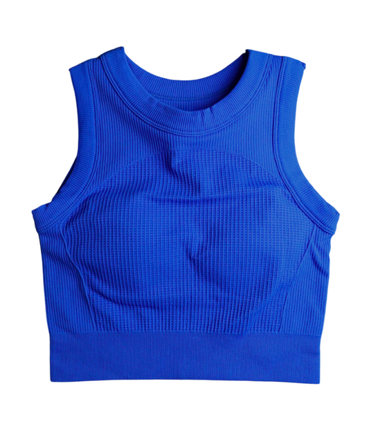 Jolly Ribbed Tank in Blue – ribbed sleeveless top with a built-in bra pad, made from soft, breathable stretch fabric.