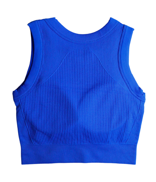 Jolly Ribbed Tank in Blue – ribbed sleeveless top with a built-in bra pad, made from soft, breathable stretch fabric.