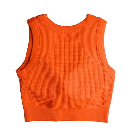 Jolly Ribbed Tank in Orange – ribbed sleeveless top with a built-in bra pad, made from soft, breathable stretch fabric