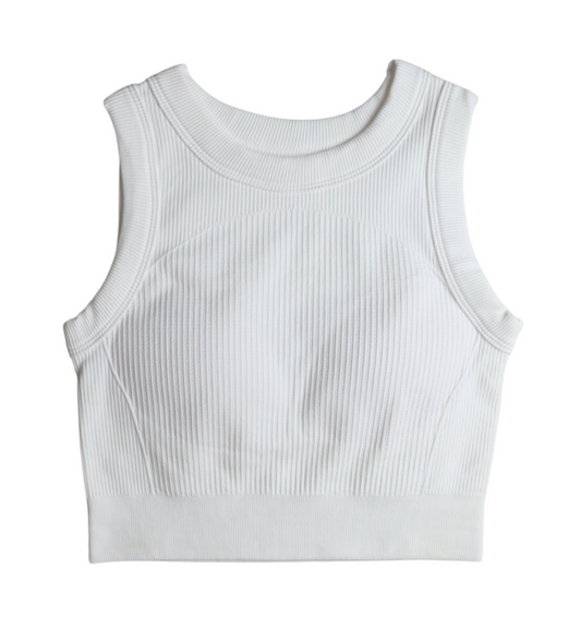 Jolly Ribbed Tank in White – ribbed sleeveless top with a built-in bra pad, made from soft, breathable stretch fabric