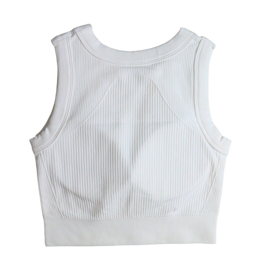 Jolly Ribbed Tank in White – ribbed sleeveless top with a built-in bra pad, made from soft, breathable stretch fabric