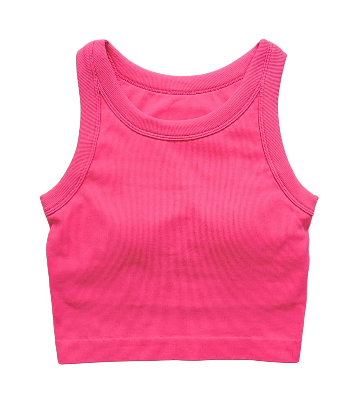 Cropped ribbed sports tank with built-in bra in pink and blue. Breathable, stretchy, and form-fitting for workouts or everyday wear.