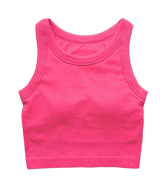 Cropped ribbed sports tank with built-in bra in pink and blue. Breathable, stretchy, and form-fitting for workouts or everyday wear.