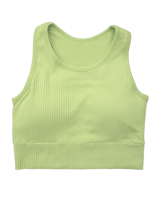 Tessa Ribbed Bra – ultra-stretch, seamless ribbed sports bra with light compression, breathable fabric, and a sculpted fit. Perfect for yoga, gym workouts, and athleisure styling.