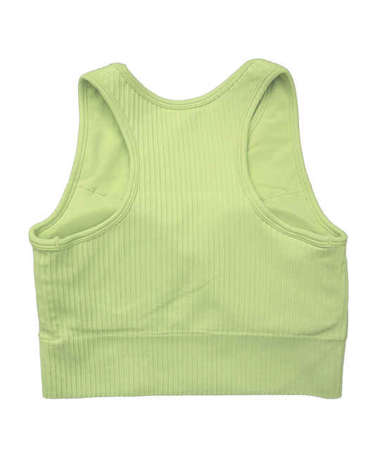 Tessa Ribbed Bra – ultra-stretch, seamless ribbed sports bra with light compression, breathable fabric, and a sculpted fit. Perfect for yoga, gym workouts, and athleisure styling.